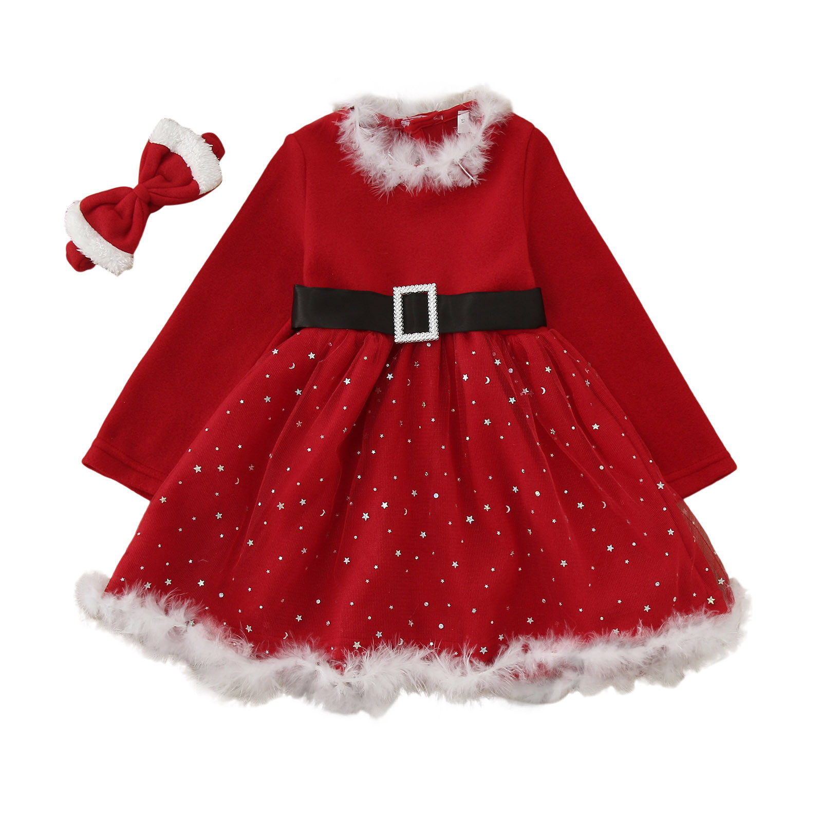 Girls Dress Female Big Kid Striped Tee Dress Christmas Toddler Girls Dress Santa Dress Long Sleeve with Belt Headband (Red, 7-8 Years)